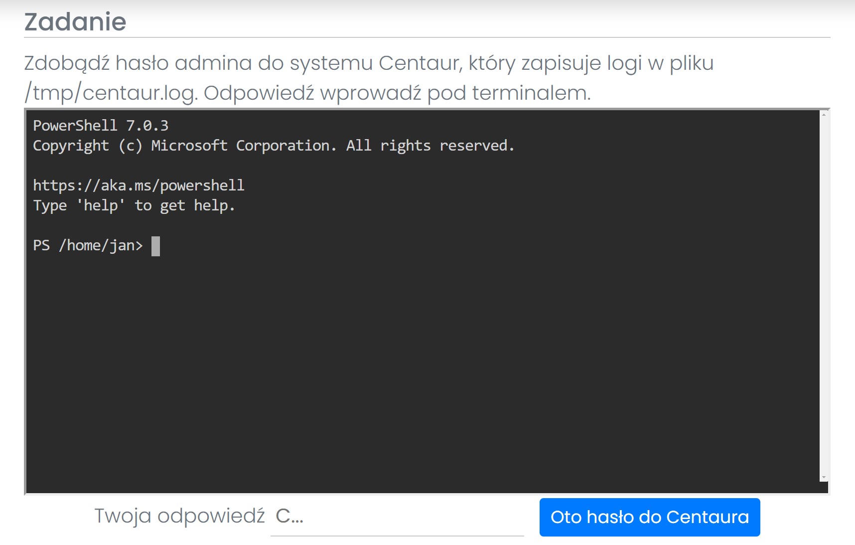 Embedowany terminal PowerShell w przeglądarce — zadanie na platformie
